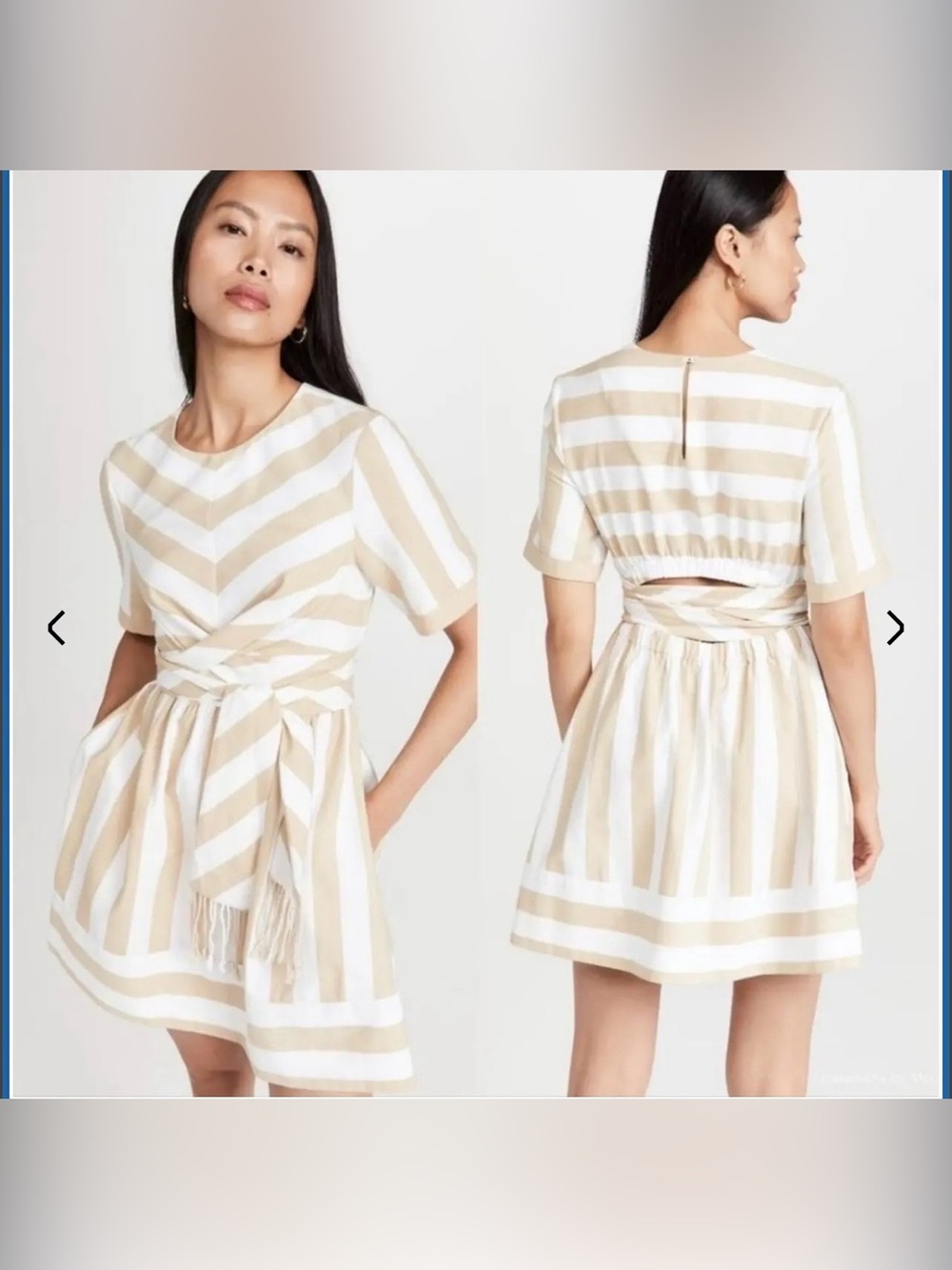 Staud York Dress beige and white chevron pattern, with a waist tie; size XS.